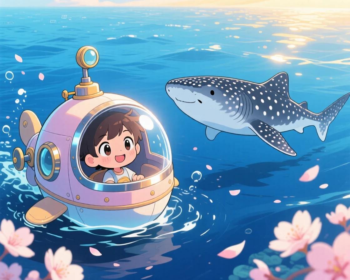 In the deep blue open ocean, a small child in a submarine is spotting a gentle whale shark as cherry blossom petals drift on the breeze, bathed in soft golden-hour sunlight, expression full of brave confidence. Shot as a wide establishing shot.