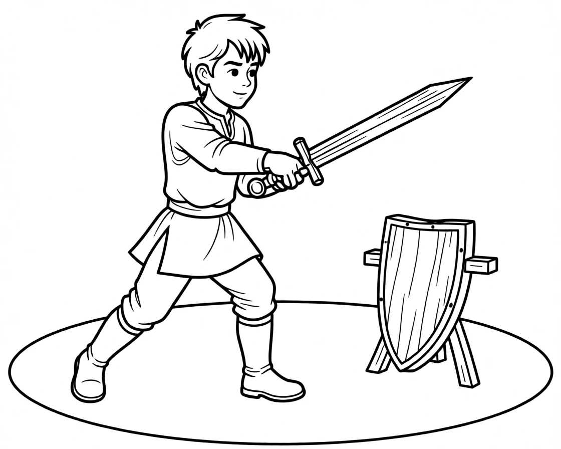 A brave squire practicing sword fighting with a wooden sword