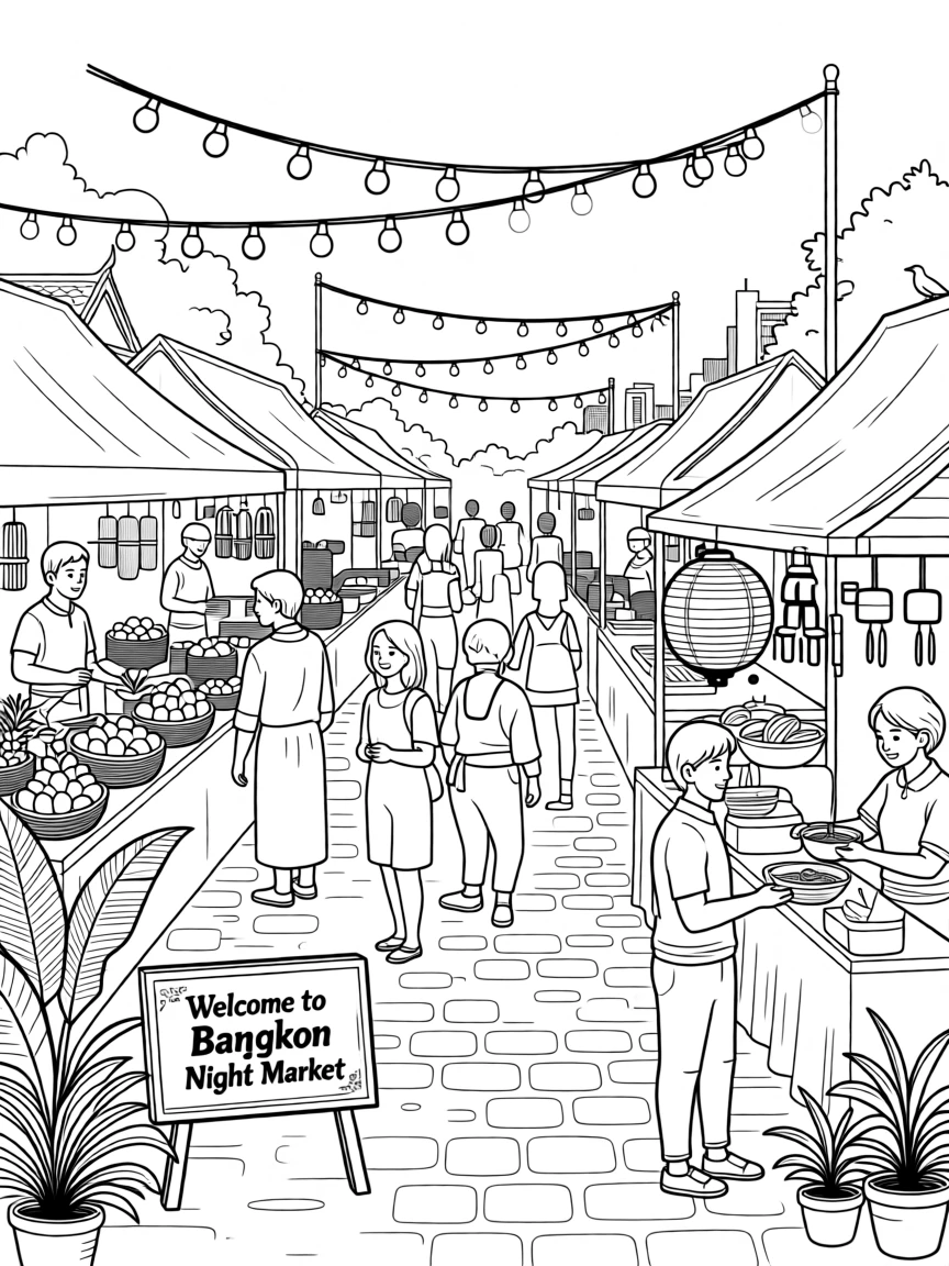 An open-air market in Bangkok lit by string lights, with locals and travelers strolling nearby.