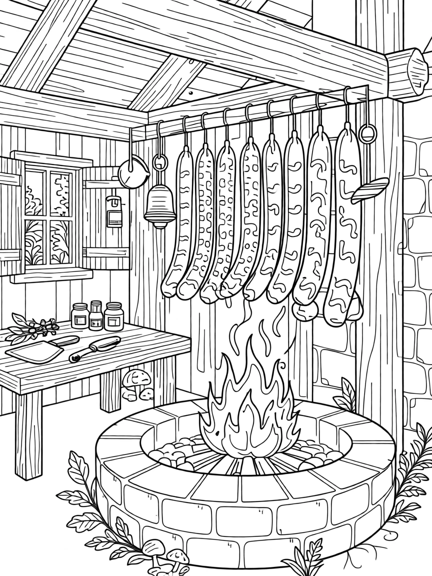 A rustic smokehouse scene with hanging sausages and glowing embers.