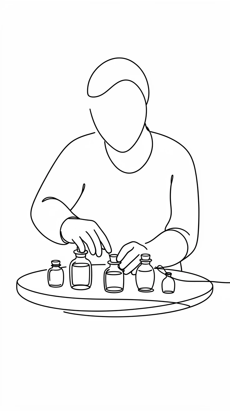 A perfumer arranging small glass vials on a wooden workbench