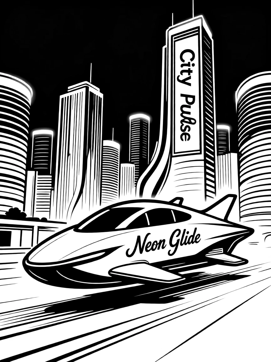 A futuristic hovercraft skimming across a neon-lit cityscape at night.