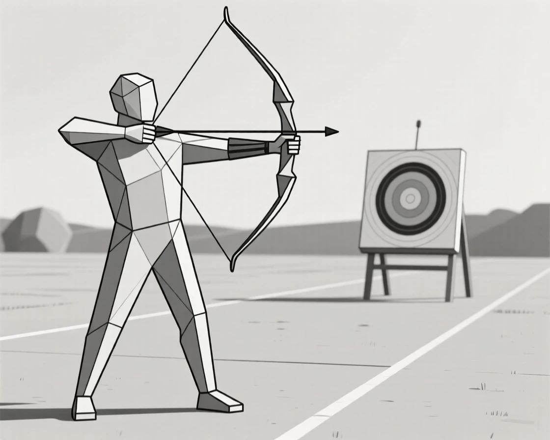 A archer drawing a bow at an outdoor range