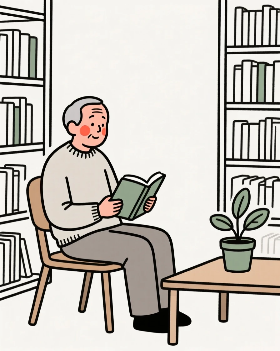 An older man enjoying a quiet moment of gratitude, in a quiet library.