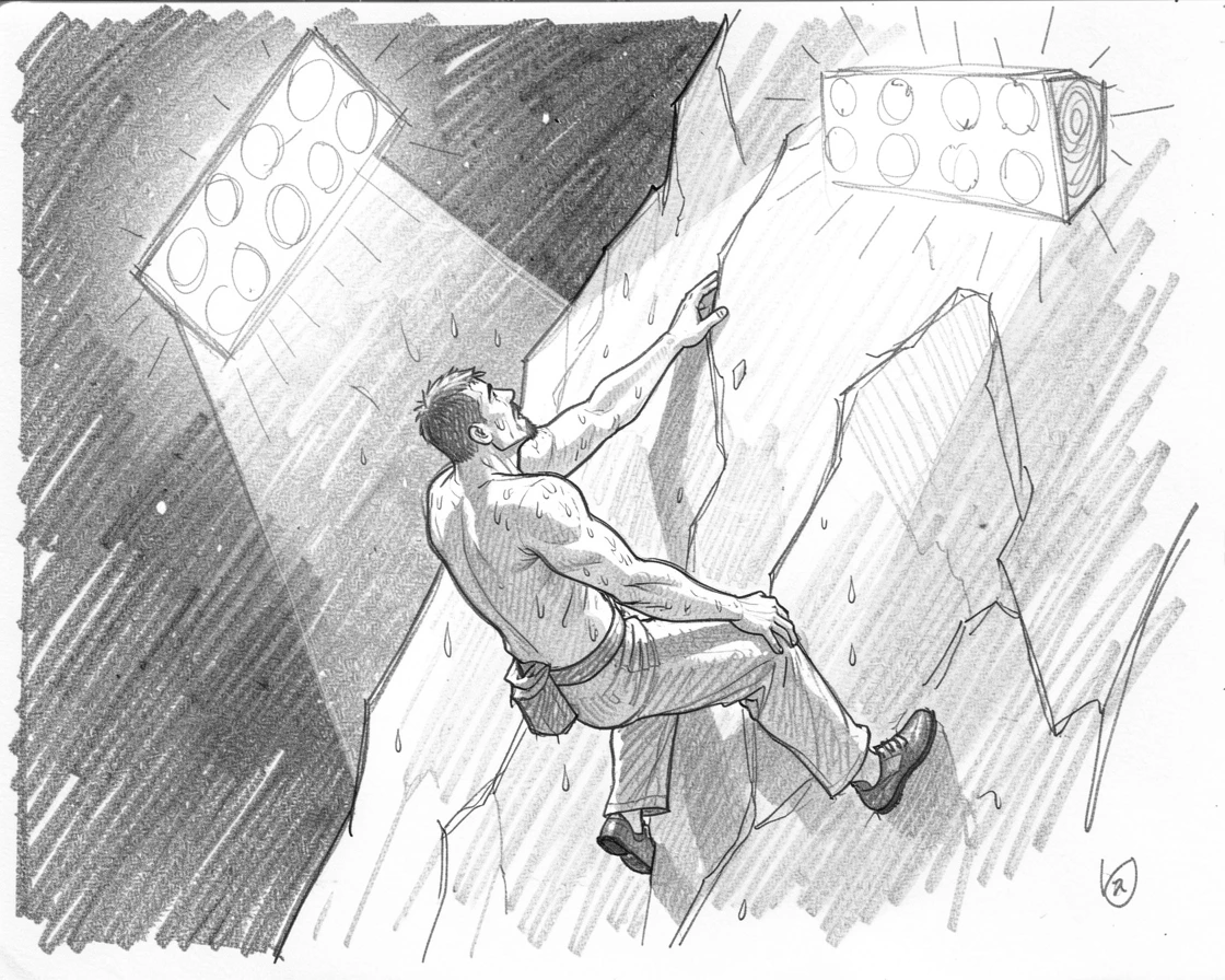 A rock climber scaling a sheer cliff face, under bright stadium lights, with sweat and sunlight glistening together.