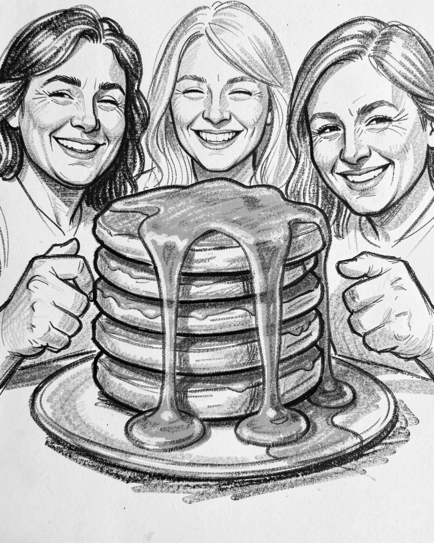 A stack of golden pancakes drizzled with syrup, with everyone smiling and full of warmth.