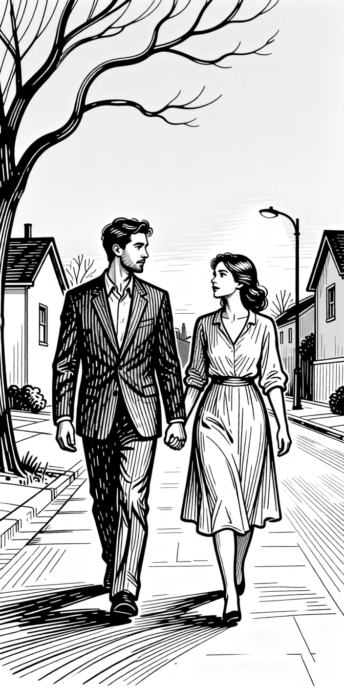 A couple walking hand in hand along a quiet neighborhood street at dusk.