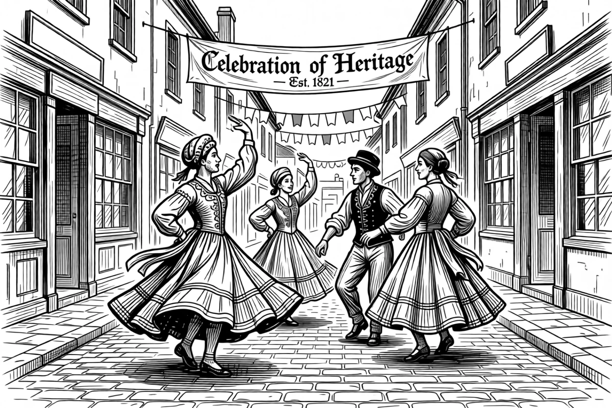 A traditional dance performed in colorful costume on a cobbled street lined with old shopfronts, with banners and flags marking the occasion, portrayed in a deeply rooted in tradition historical scene.