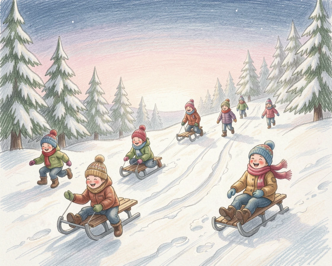 A cozy winter sledding hill filled with laughing children, set against a softly lit, atmospheric backdrop, evoking nostalgia and a deep sense of contentment.