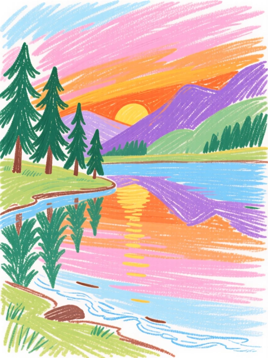 A view of a quiet alpine lake reflecting the colors of a vivid sunset sky.