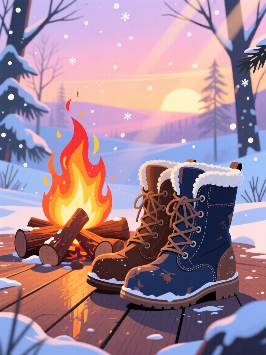 A pair of snow boots resting beside a warm crackling fire, set against a soft glowing seasonal sunset, framed with natural light suited to the time of year, with a fresh, crisp atmosphere throughout.