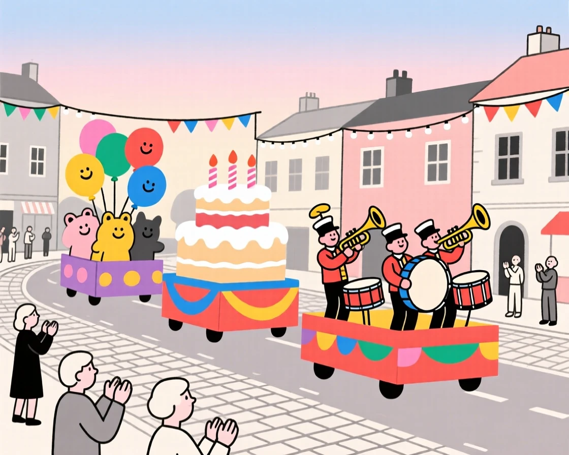 A festive parade with colorful floats moving through a decorated town square.