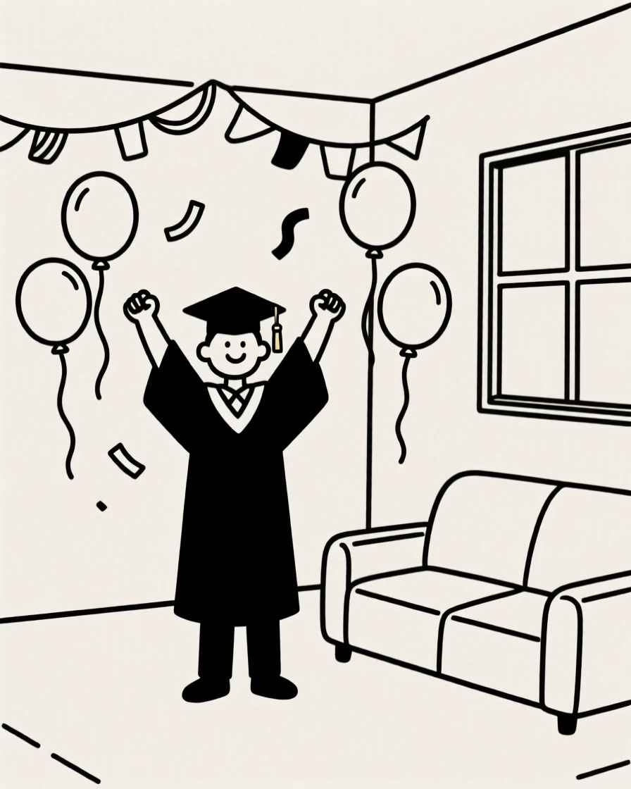 A joyful graduation ceremony taking place in a cozy living room, decorated with balloons and streamers, full of triumphant joy.
