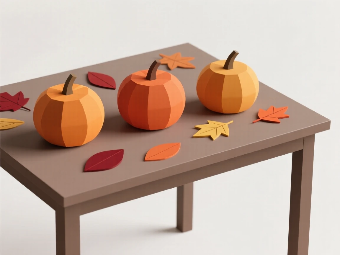 A table decorated with pumpkins and autumn leaves