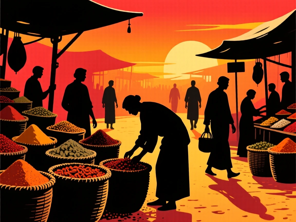 A vibrant open-air spice market with baskets overflowing with color.