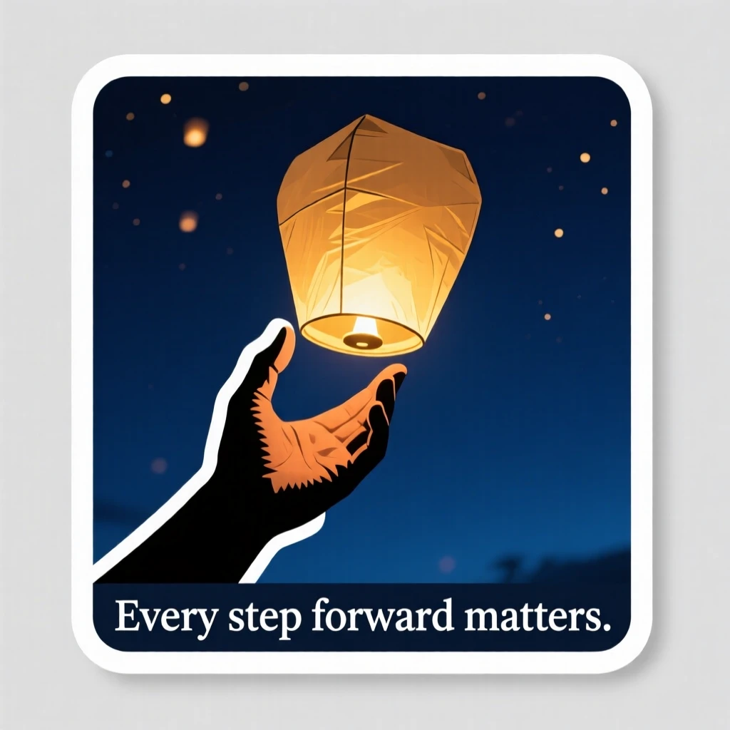A quietly powerful scene of a hand releasing a paper lantern into the night sky, bathed in warm golden light, reminding us that every step forward matters.