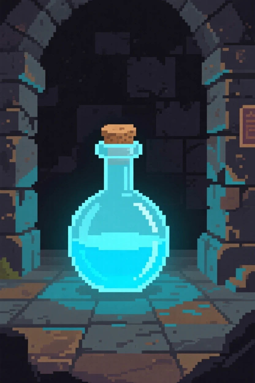 A potion bottle glowing faintly blue glowing softly in a dark room, inside a forgotten temple chamber.