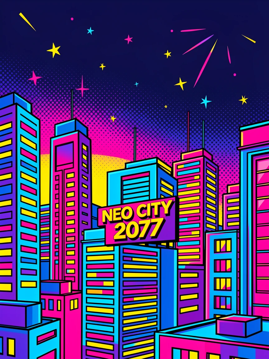 A futuristic city skyline with lit illuminated lights
