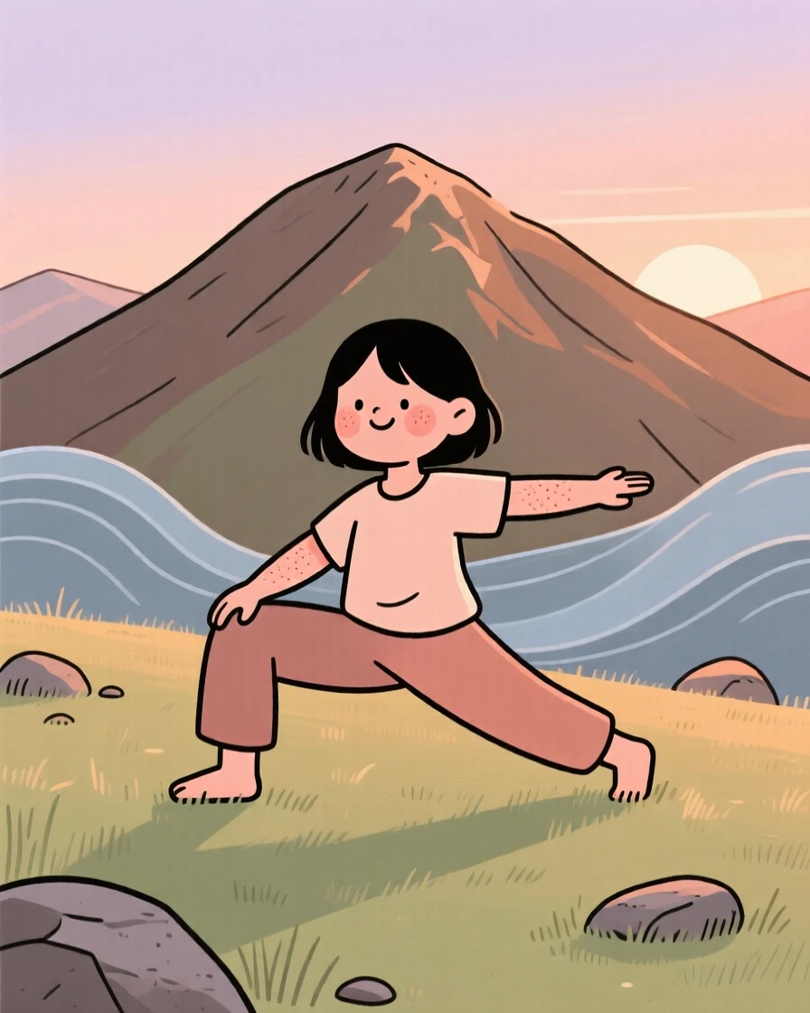 A teenage girl practices gentle yoga stretches on a mountaintop clearing at first light, breathing slowly as gentle waves surrounds them.