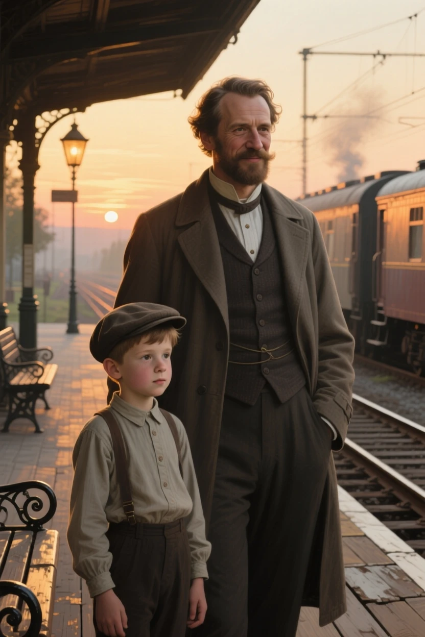 A close-up portrait of a father and his son on a train platform at dusk, glowing with pride, in late afternoon.
