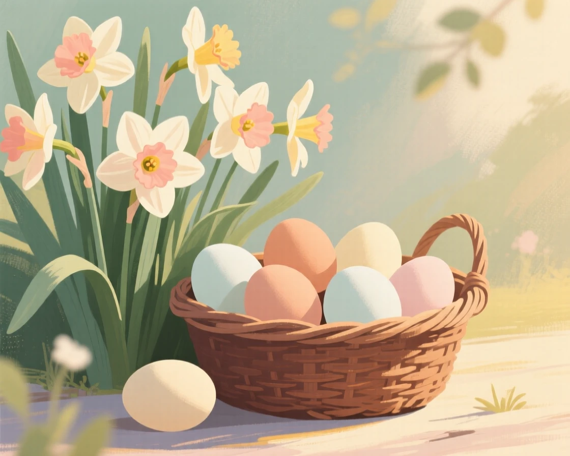 A basket of freshly gathered spring eggs beside blooming daffodils