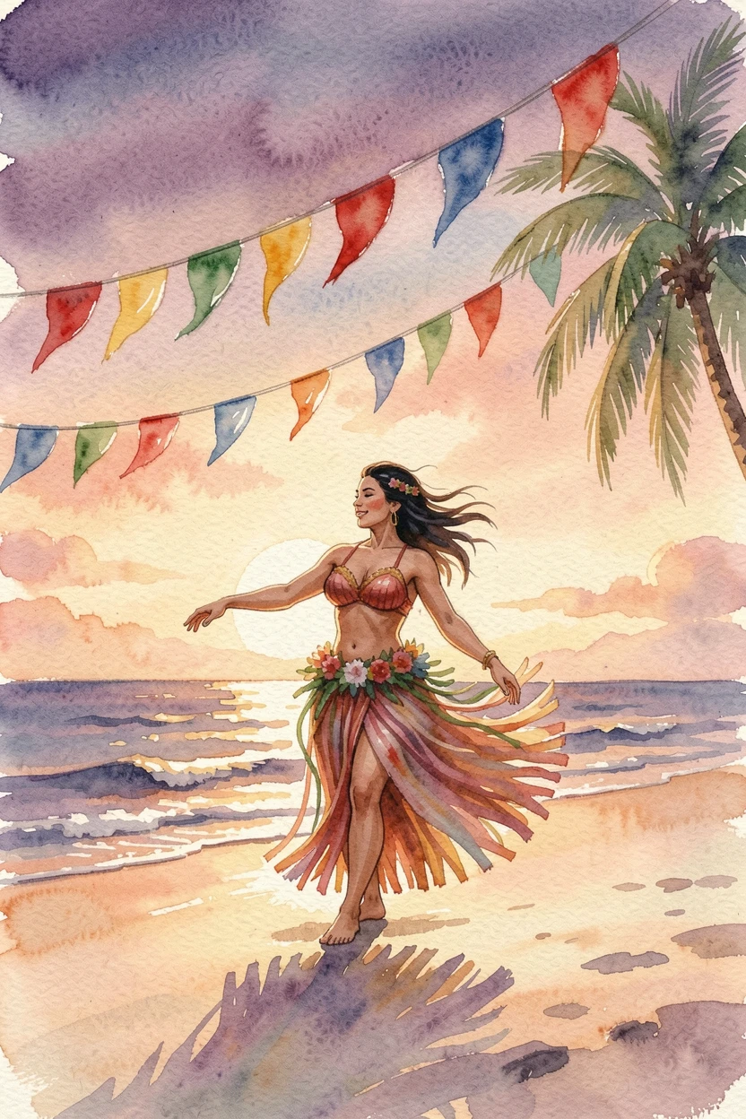 A Native Hawaiian hula performance on a beach at sunset under strings of colorful festival flags.