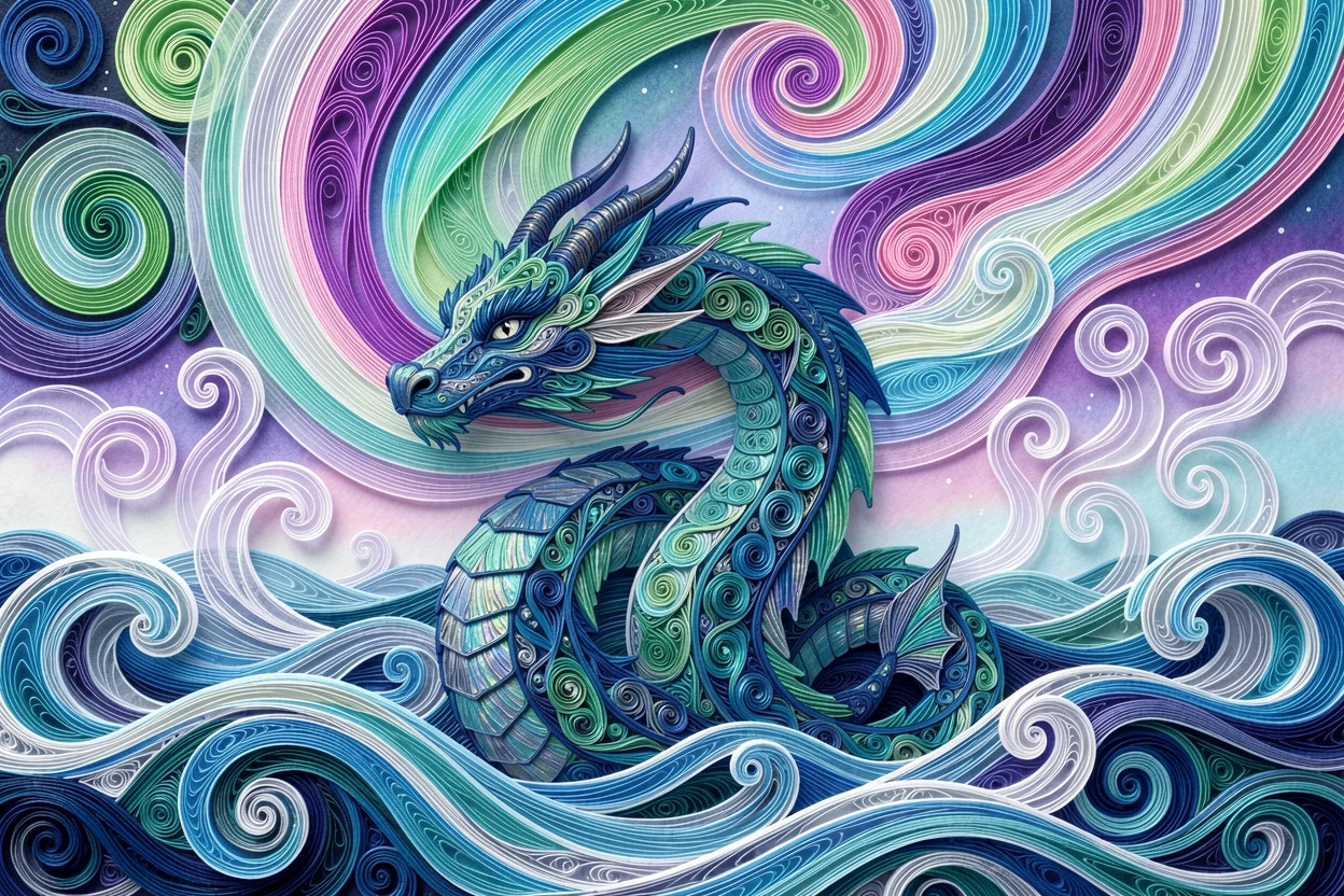 A magical fantasy scene of a sea dragon coiling gracefully through ocean waves beneath a sky swirling with the northern lights, with delicate wisps of magical mist curling upward, captured from a sweeping cinematic wide angle.