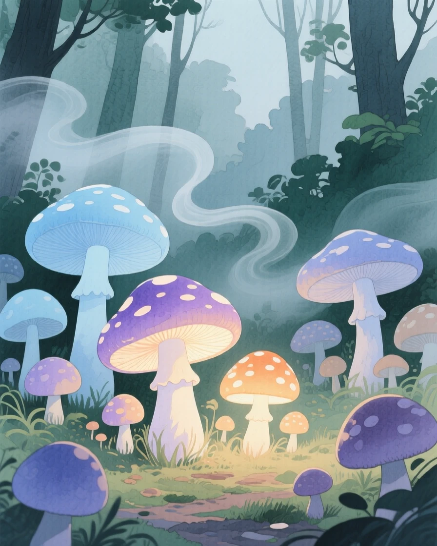 A dreamlike scene of a glowing mushroom forest, with soft mist curling through the air, inviting quiet wonder and imagination