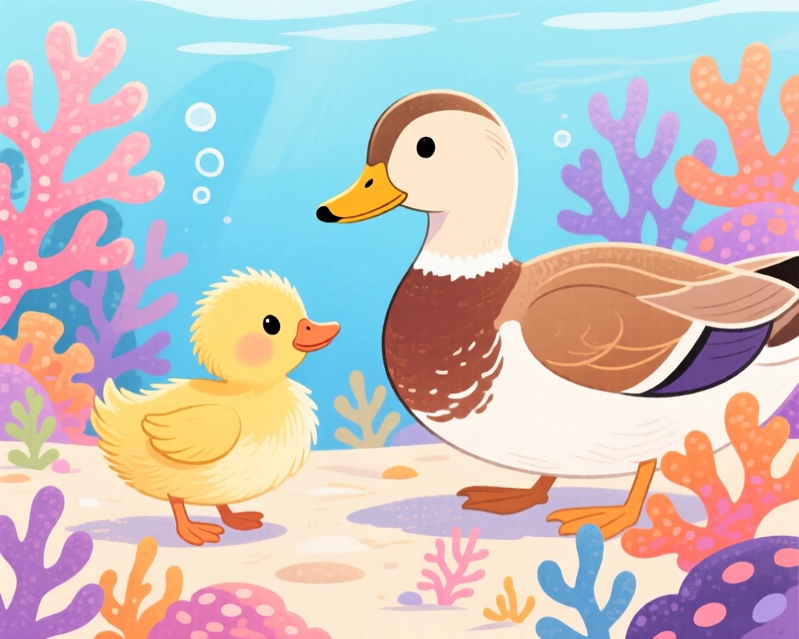 A close-up portrait of a duckling following its mother in a coral reef.