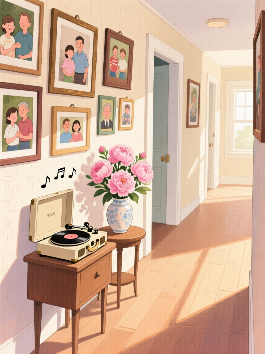 A hallway lined with family photographs and a vase of fresh peonies, with the quiet hum of a record player in the background, wrapped in a feeling of safety and belonging.