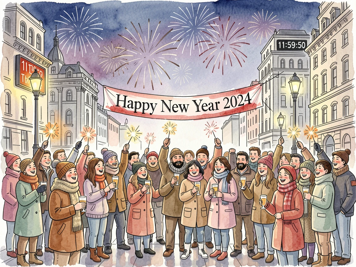 A New Year's Eve countdown scene with a crowd gathered under fireworks, the mood cozy, joyful, and full of seasonal spirit.