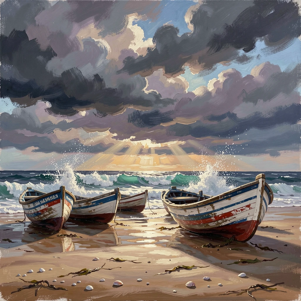 Where fishing boats rest on the sand at low tide, a wide, empty sandy beach, sea spray catching the light above the crashing surf, under a dramatic sky with storm clouds rolling in over the sea.