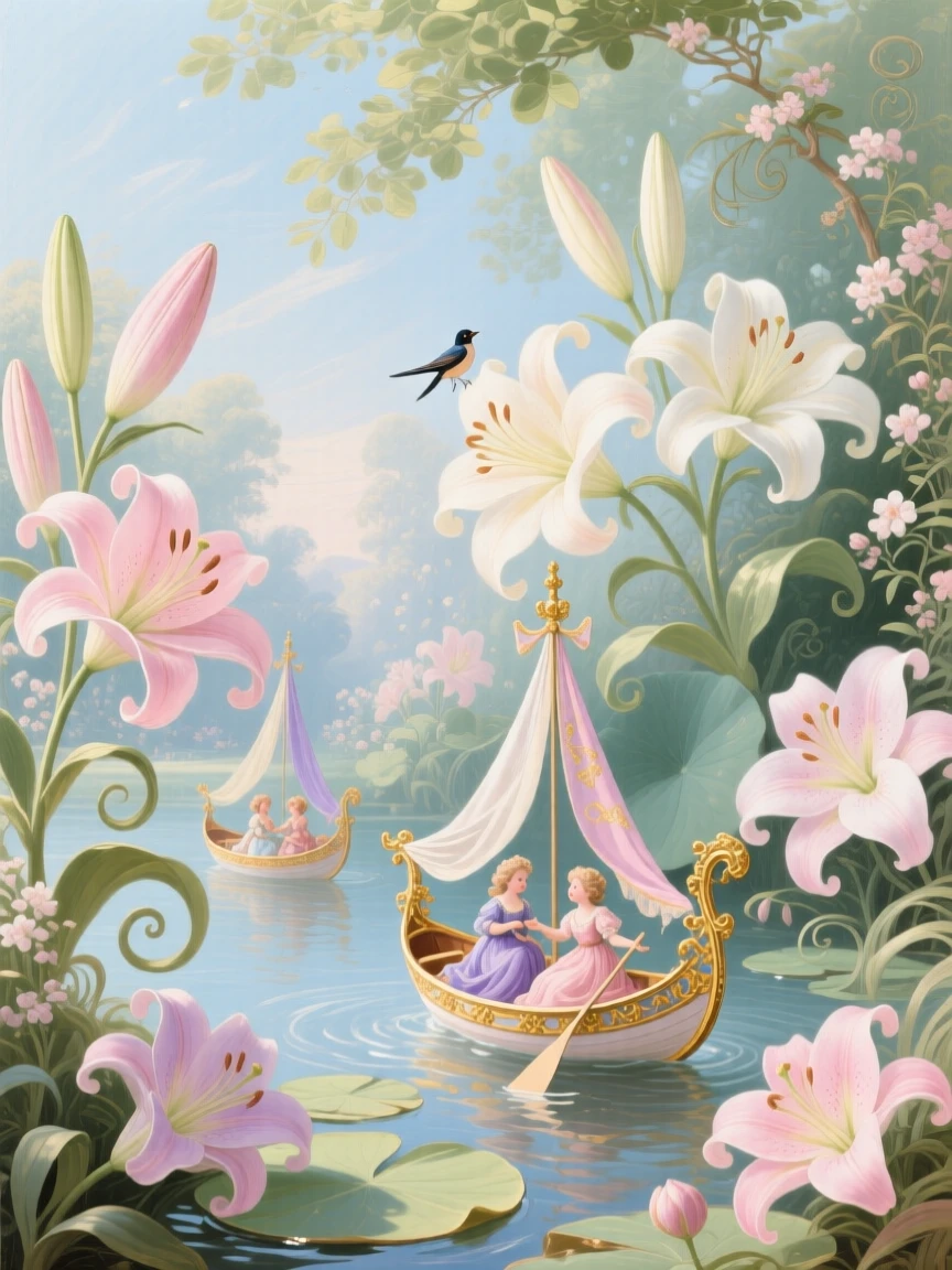 A garden of enormous lilies where tiny royal boats drift between petals  