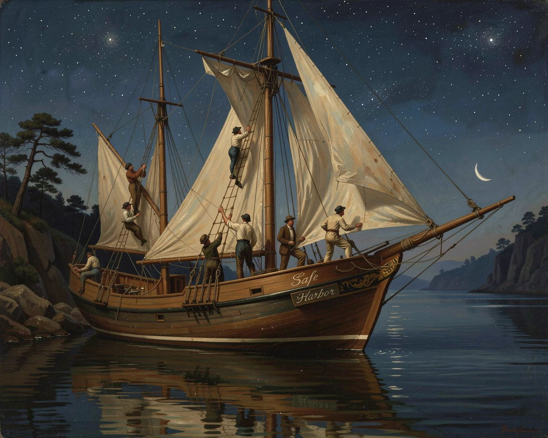 A schooner docks safely at calm waters under a starlit sky as sailors climb the rigging.