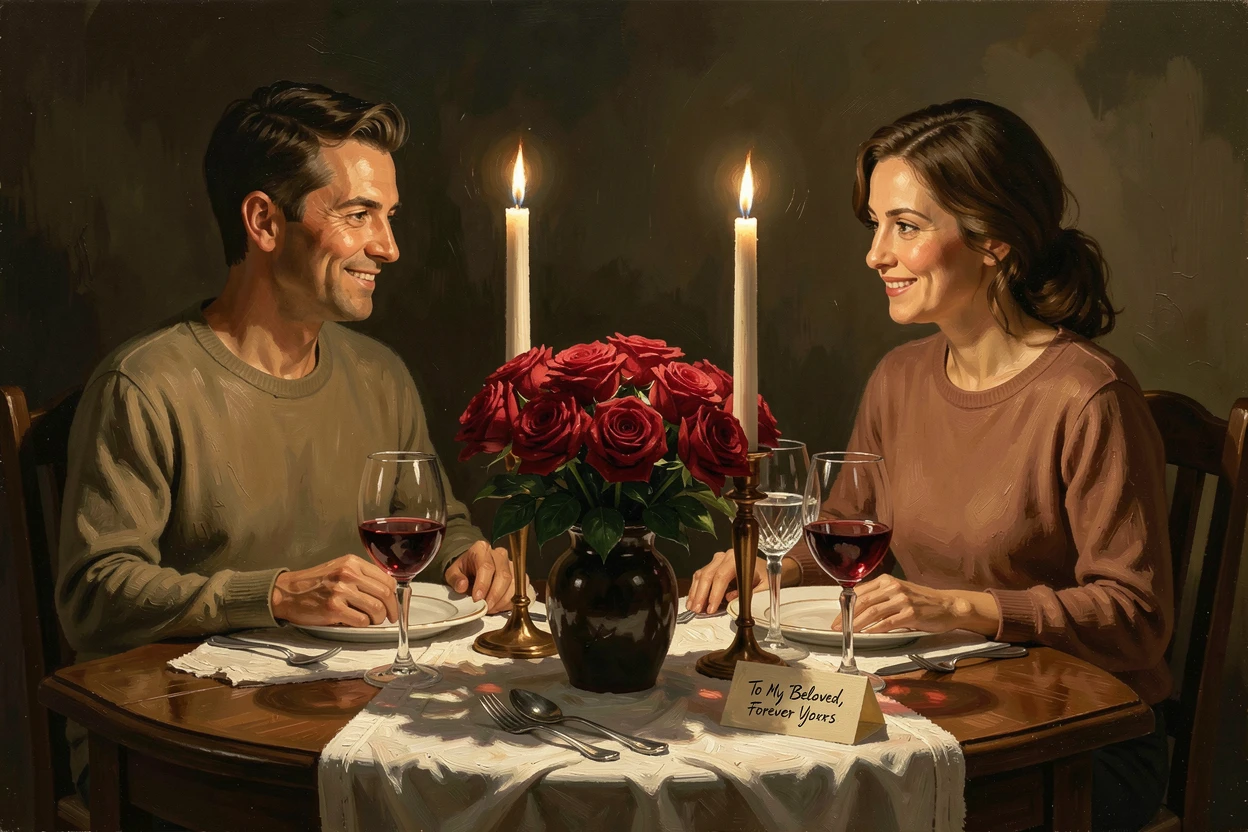 A Valentine's Day dinner table set with candles and a bouquet of roses, as joyful expressions capture the spirit of the celebration, celebrating the beauty and traditions of the time of year