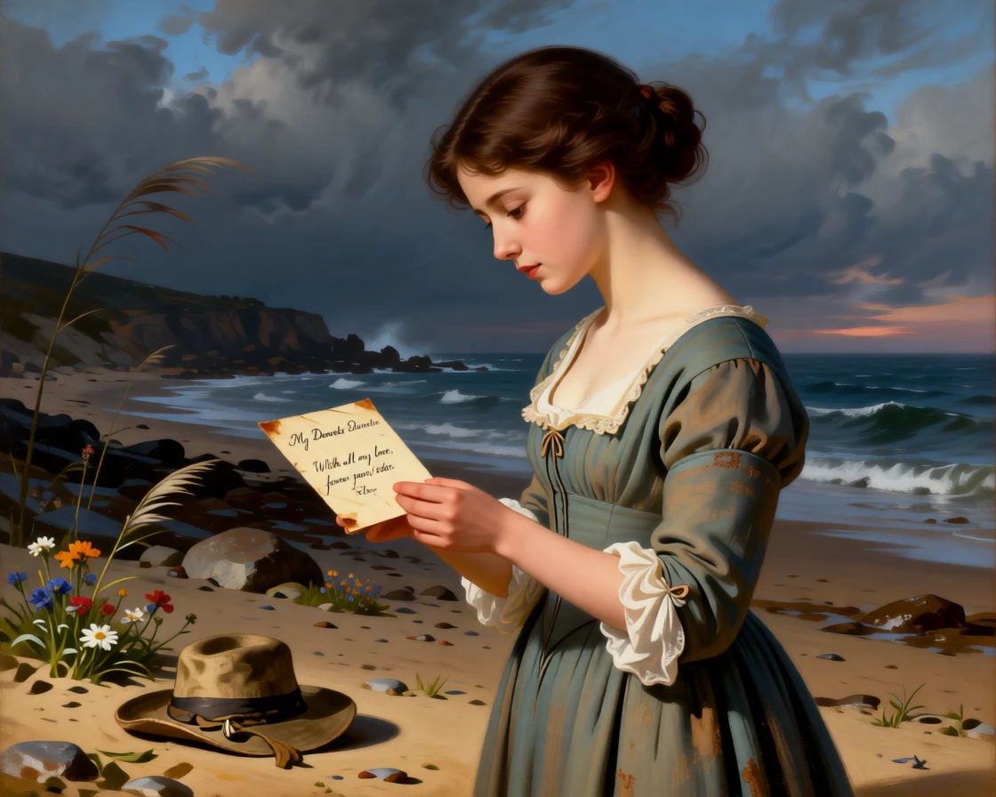 A daughter reading a final letter from her departed father in the raw, unguarded instant emotion breaks through, set on a storm-battered shoreline at first light, with scattered flowers and a fallen hat marking the moment; the composition uses negative space to emphasize the distance just closed, filled with gratitude, humility, and human warmth.