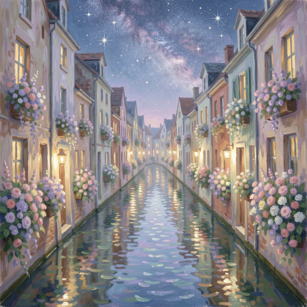 A narrow canal town where flower boxes overflow from every window above the slow-moving water, under a canopy of stars.