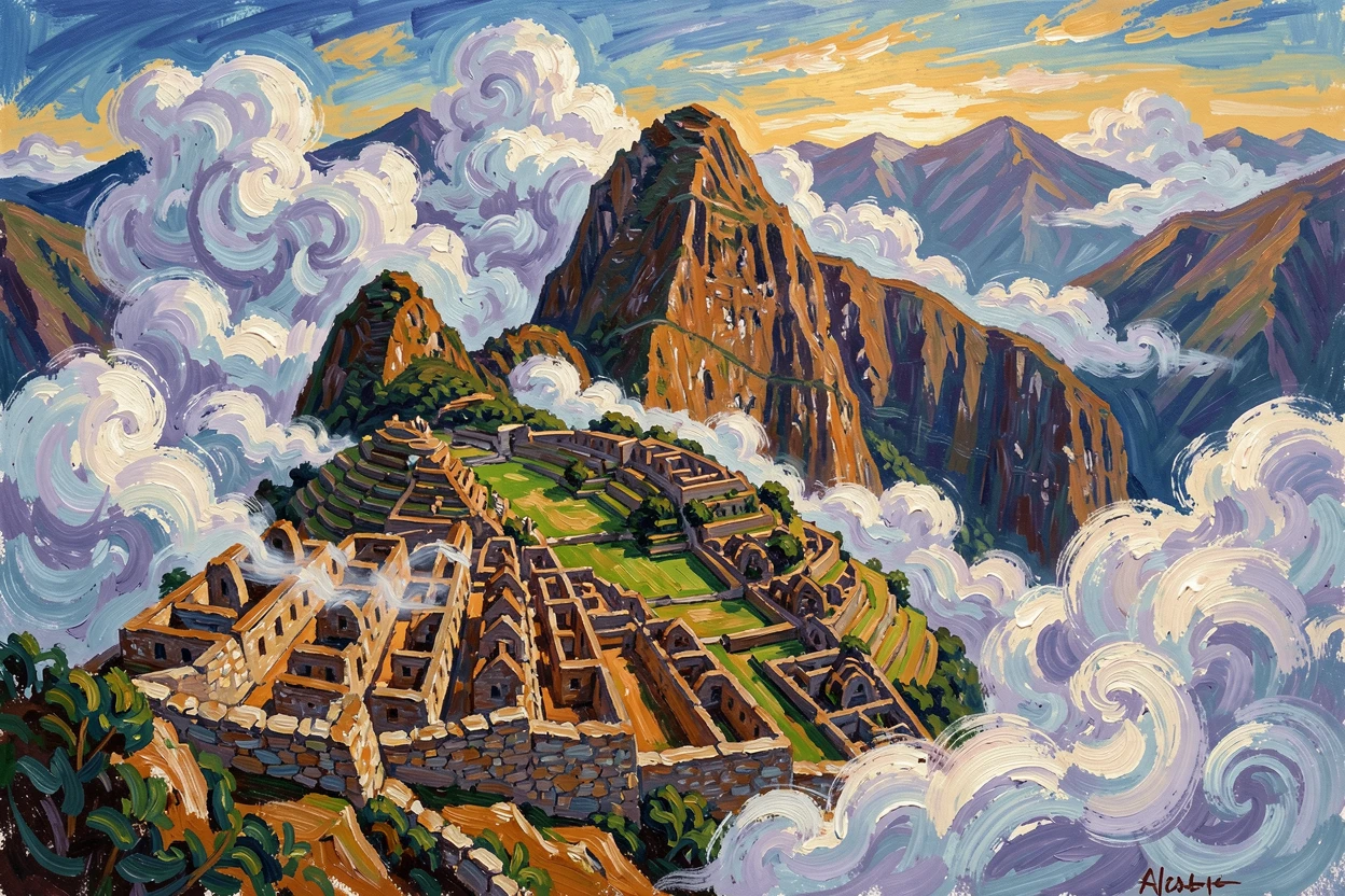 Terraced Inca ruins of Machu Picchu emerging from morning clouds high in the Andes.