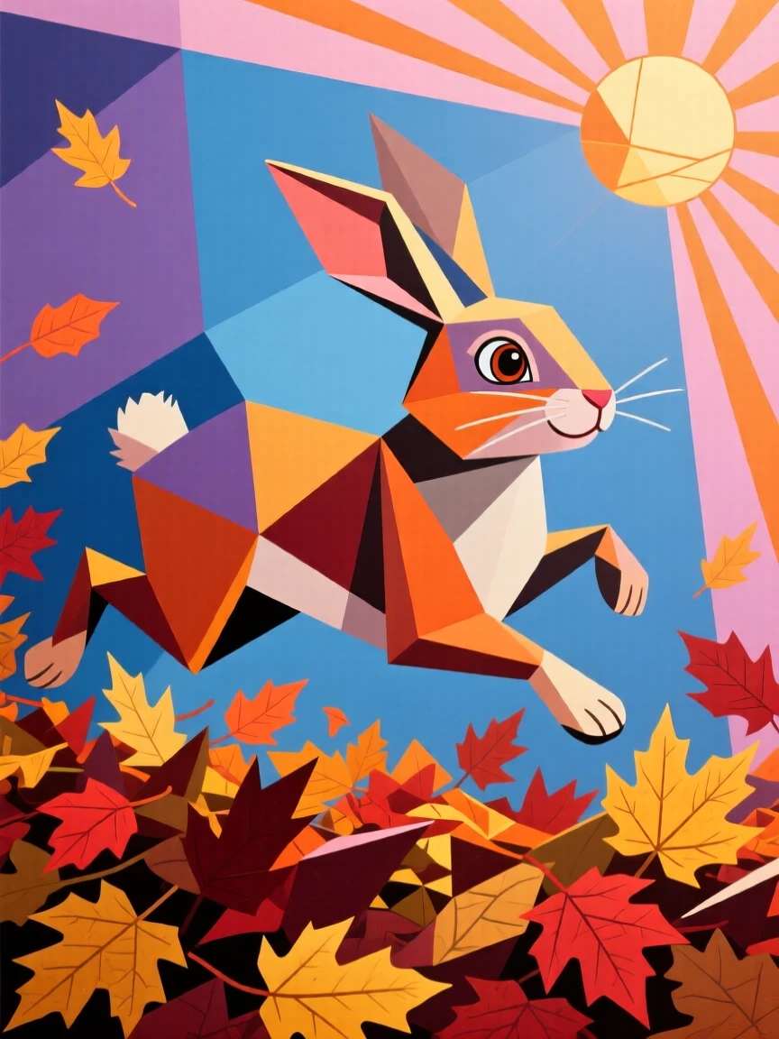 A charming portrait of a curious rabbit bounding through a pile of autumn leaves, at sunrise.
