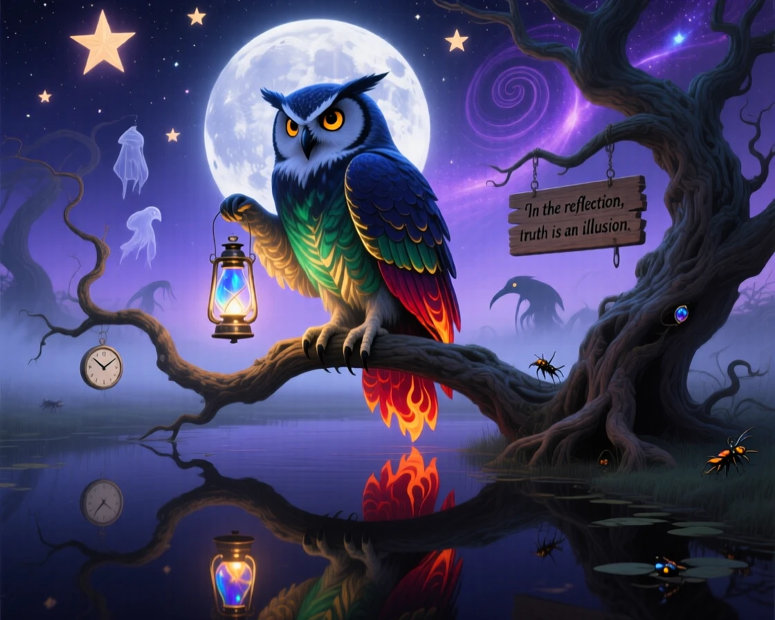 An owl carrying a small glowing lantern in its outstretched talons rests peacefully beneath the glow of a rising moon, as its reflection shows a slightly different creature entirely.