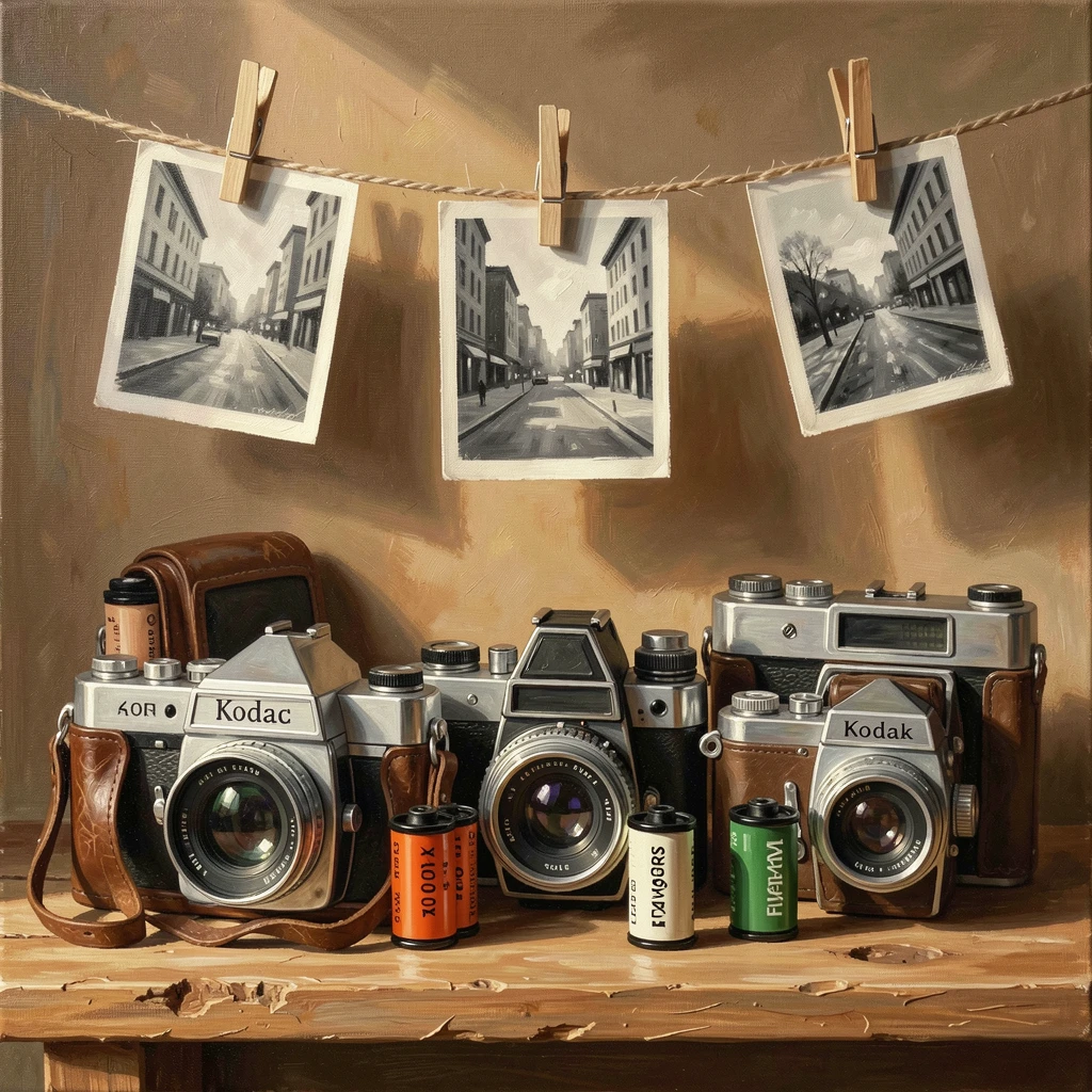 A collection of vintage cameras and rolls of film sits arranged on a wooden shelf beside black-and-white photographs pinned to a string, everything rendered with quiet clarity under the steady, natural light of the hour.