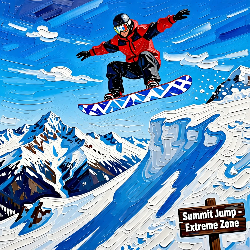 A snowboarder launching off a massive jump against a backdrop of jagged peaks
