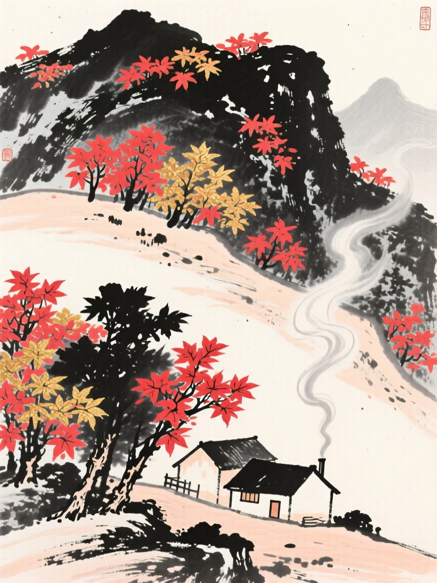 Maple leaves blaze red and gold across a mountain slope, with smoke rising gently from a nearby farmhouse.