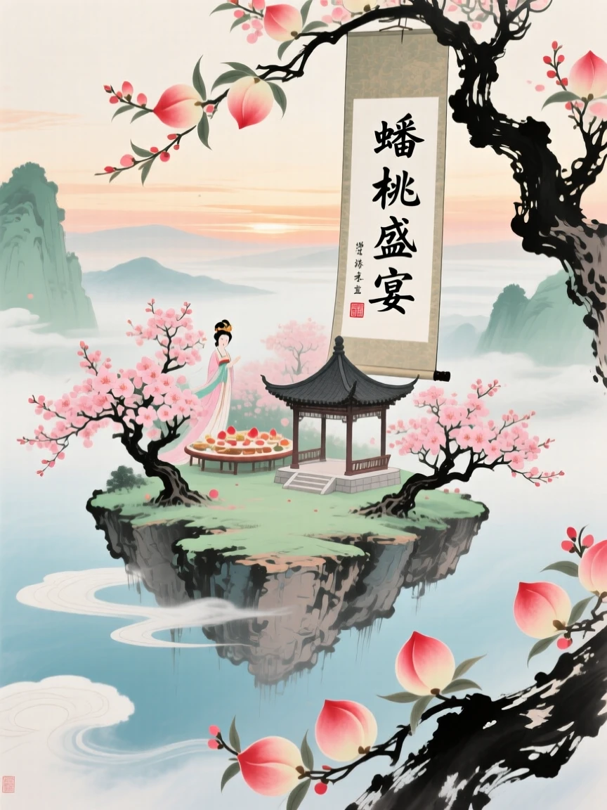 The Queen Mother's peach garden blooming on a floating celestial island, under a sky streaked with clouds, in the soft light of late afternoon.