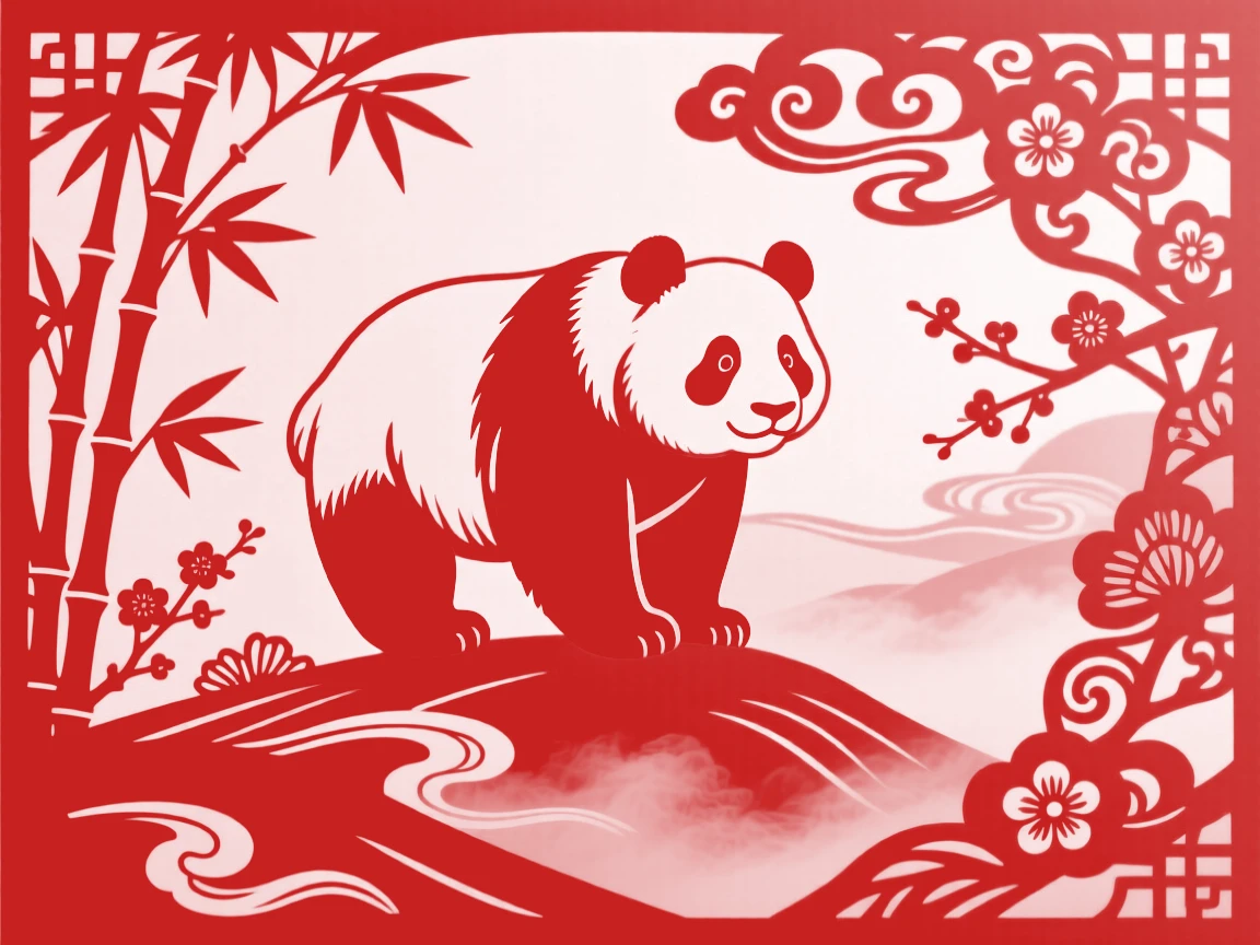 A giant panda, standing alert on a misty hillside, bathed in the golden light of late afternoon.