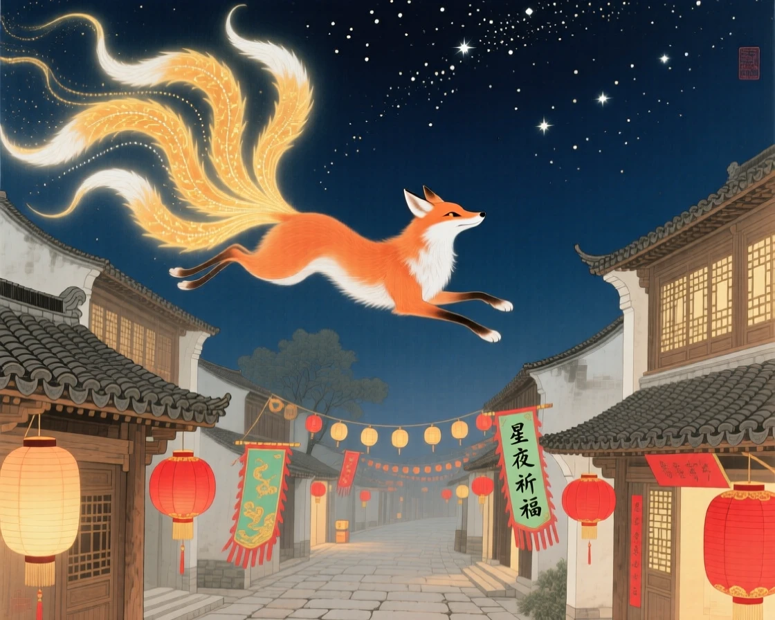 A spirit fox leaping lightly with nine glowing tails trailing behind above a village during a starlit festival