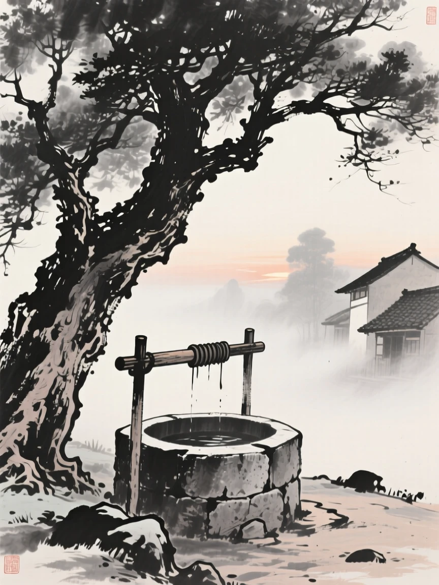 A quiet village well beneath an old tree surrounded by drifting mist at dawn, viewed from below to emphasize its quiet grandeur, suggesting timeless craftsmanship and peaceful tradition.