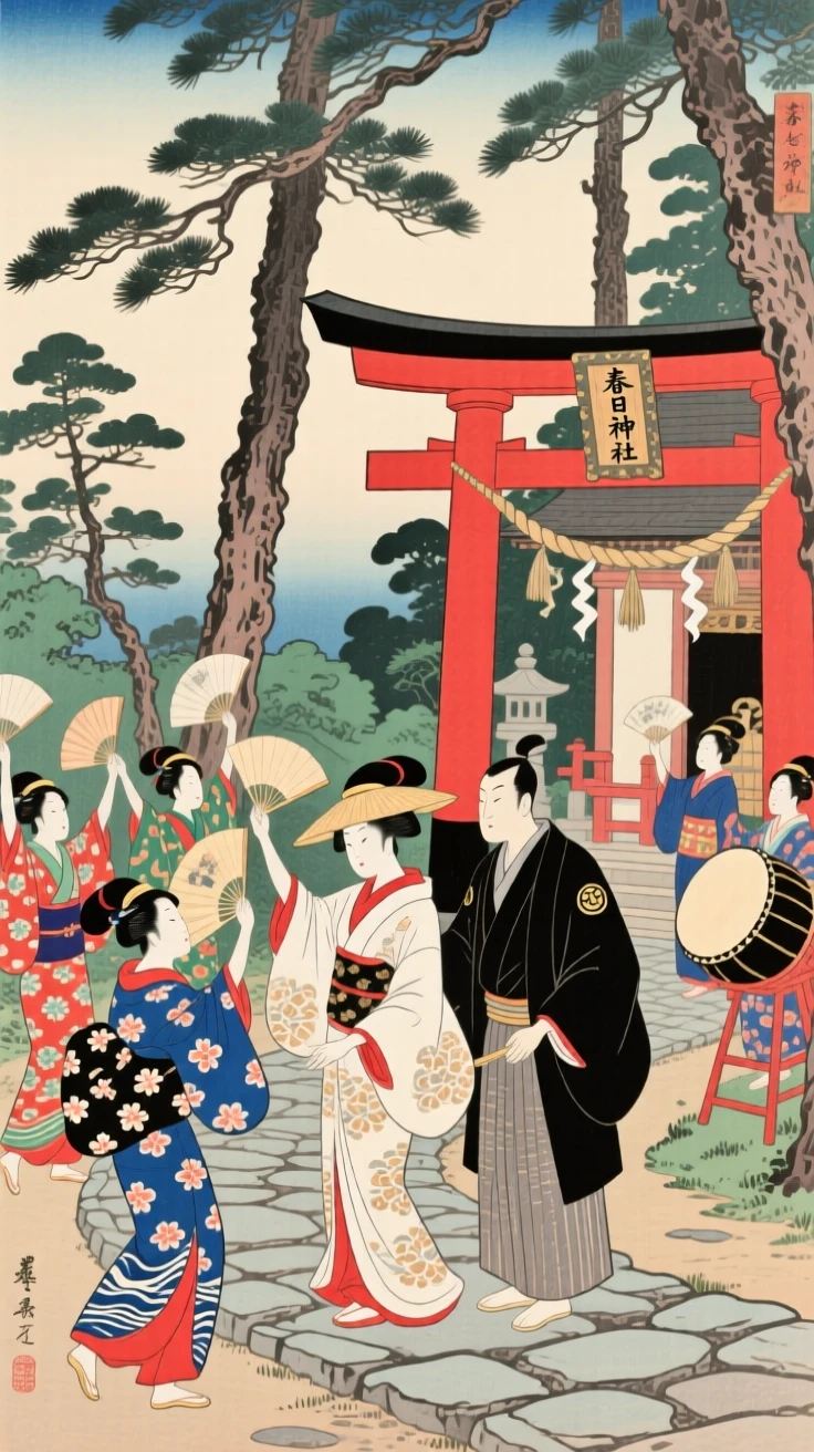 A wedding procession performing a traditional dance around a shrine.