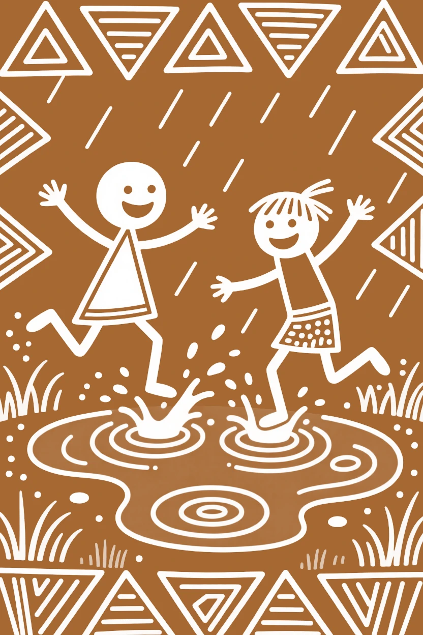 Two young siblings splashing in a puddle after the rain.