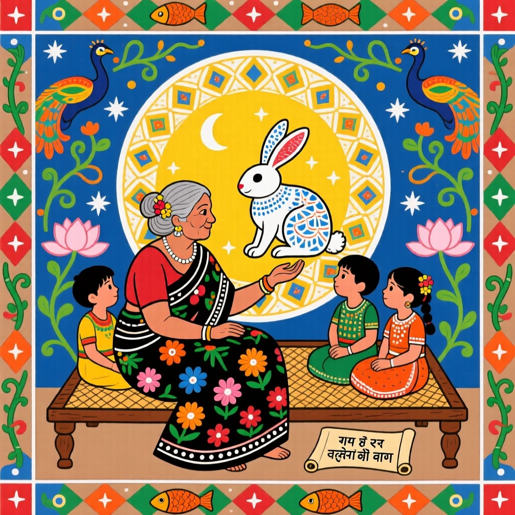 A grandmother recounting a legend of the moon and the rabbit within it.
